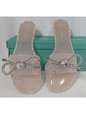 Lauren Lorraine - Clear Flat Sandals - Crystal Bow Slide Shoes - Size 5.5